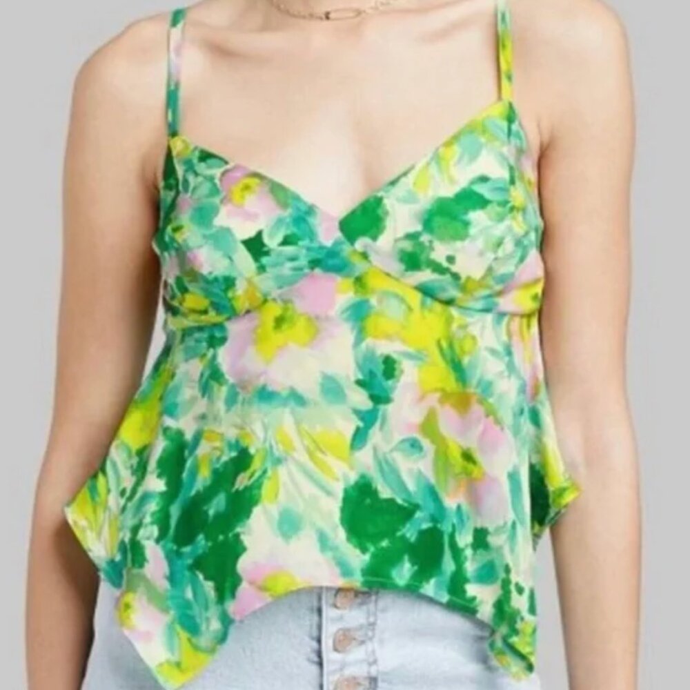 Wild Fable Small Green Floral Handkerchief Satin Tank Top